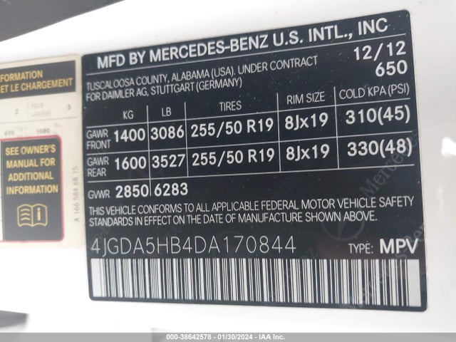 2013 MERCEDES-BENZ ML 350 4MATIC VIN: 4JGDA5HB4DA170844