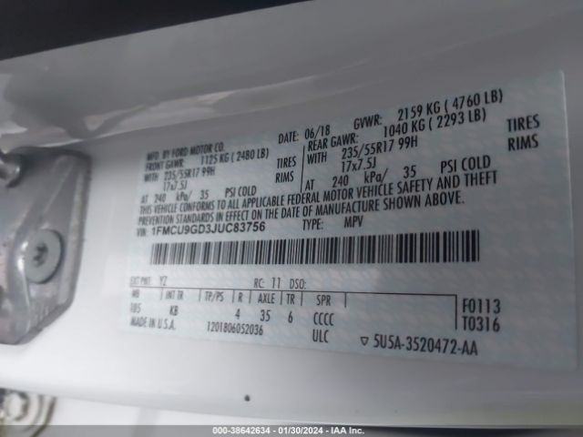 1FMCU9GD3JUC83756 Ford ESCAPE SE