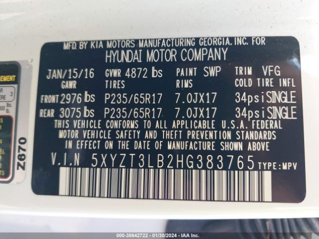 5XYZT3LB2HG383765 Hyundai Santa Fe Sport 2.4l