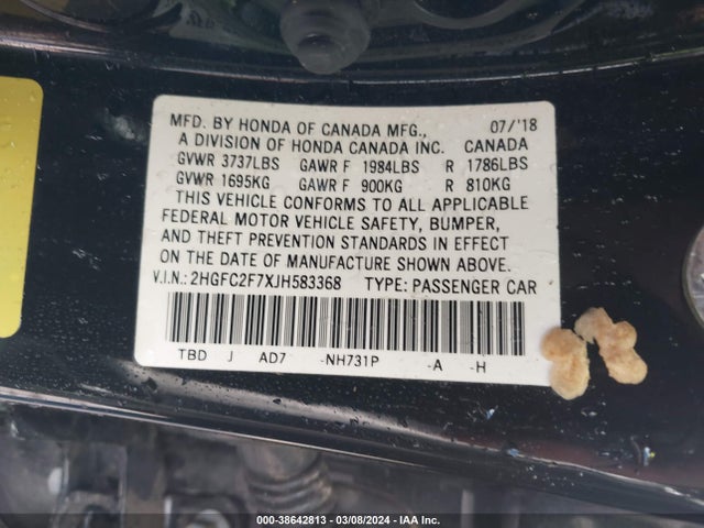 Honda CIVIC EX 2018 2HGFC2F7XJH583368 Image 9