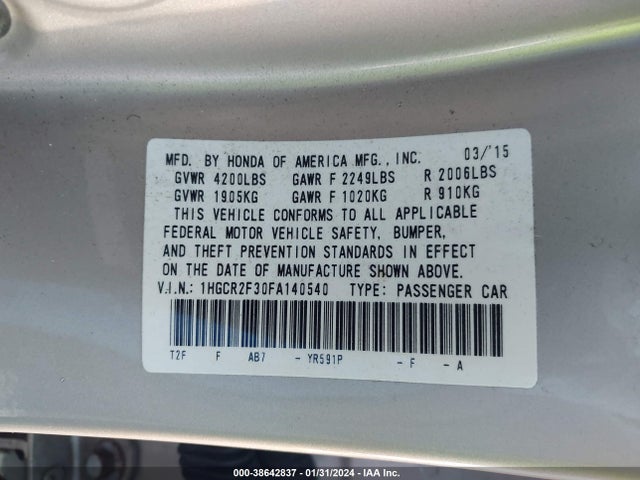 Honda ACCORD LX 2015 1HGCR2F30FA140540 Image 9