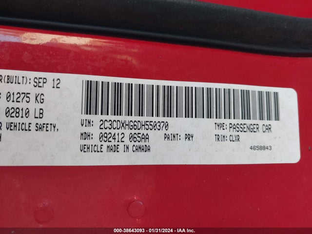 2013 DODGE CHARGER SXT VIN: 2C3CDXHG6DH550370