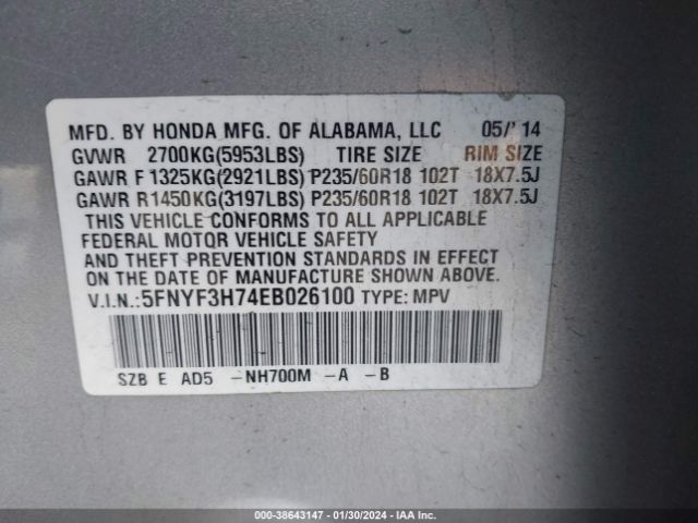 5FNYF3H74EB026100 Honda Pilot Ex-l