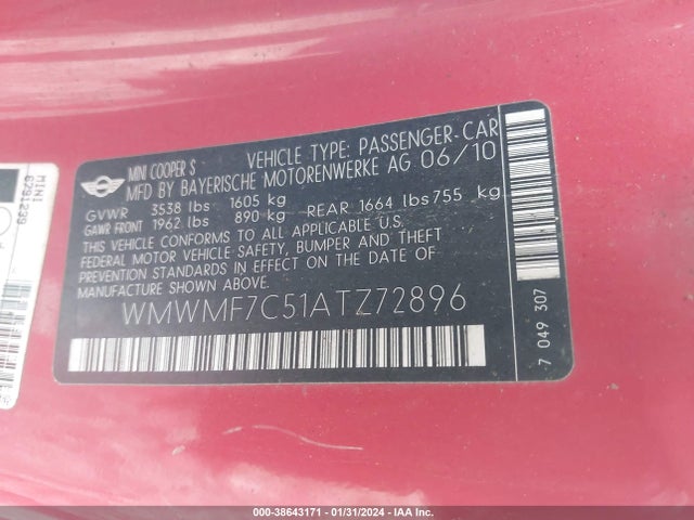2010 MINI COOPER S WMWMF7C51ATZ72896 Photo 8