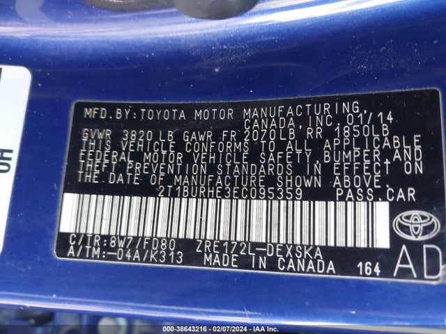 Toyota Corolla S Plus 2014 2T1BURHE3EC095359 Image 9