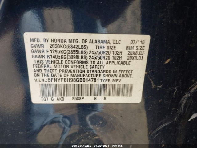 5FNYF6H98GB014781 Honda Pilot Touring