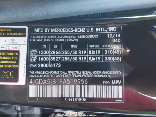 4JGDA5JB1FA519956 Mercedes-Benz ML 350
