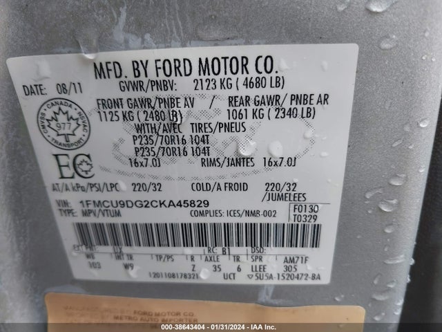 2012 FORD ESCAPE XLT VIN: 1FMCU9DG2CKA45829