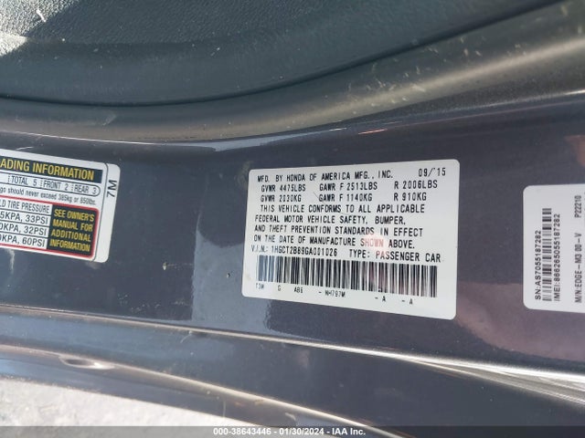 Honda Accord Ex-l V-6 2016 1HGCT2B89GA001026 Image 9