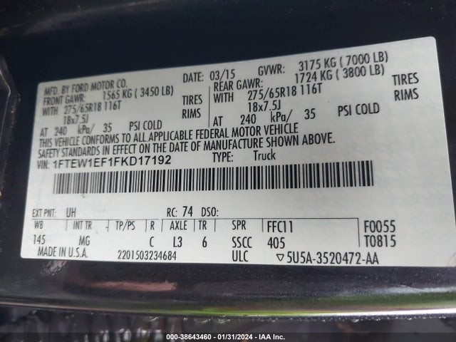 2015 FORD F-150 XLT VIN: 1FTEW1EF1FKD17192