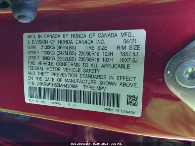 2HKRW1H52MH420959 Honda Cr-v 2wd Ex