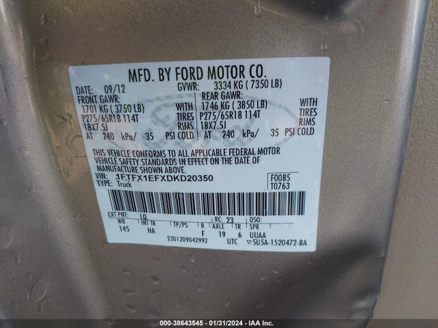 2013 FORD F-150 LARIAT VIN: 1FTFX1EFXDKD20350