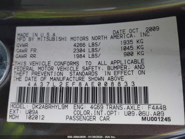 2010 MITSUBISHI ECLIPSE SPYDER 4A37L2EF8AE008833 Photo 8