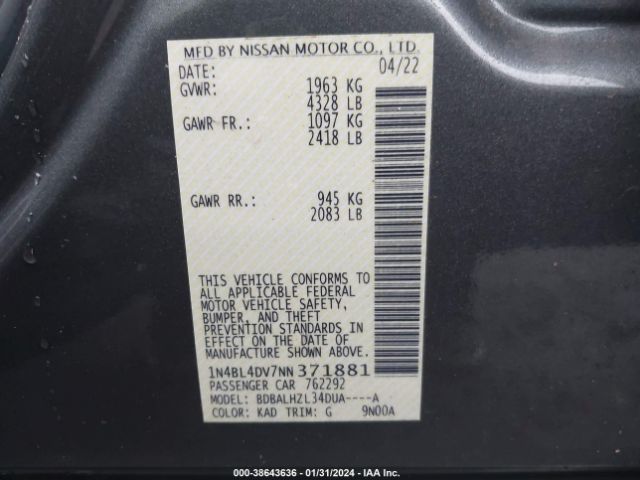 1N4BL4DV7NN371881 Nissan Altima Sv Fwd