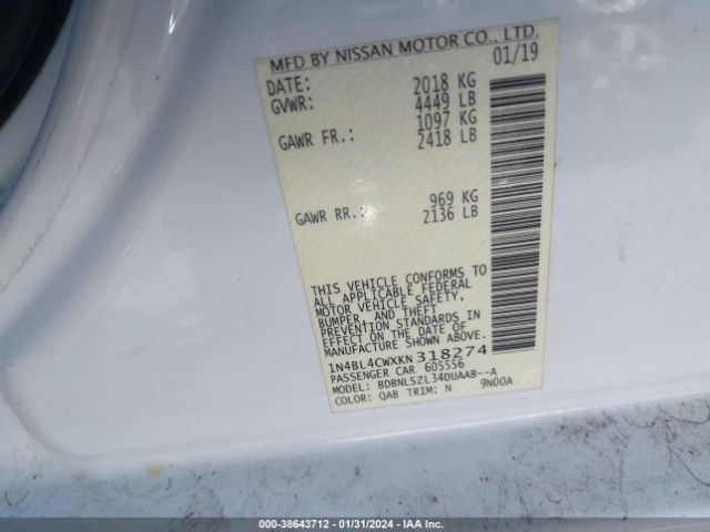 1N4BL4CWXKN318274 Nissan Altima 2.5 Sr
