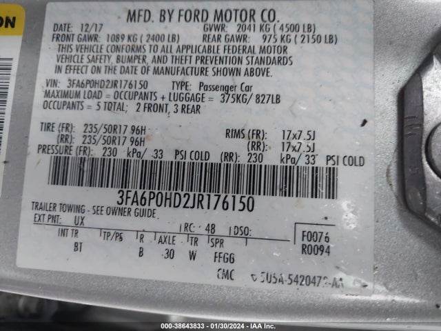 Ford FUSION SE 2018 3FA6P0HD2JR176150 Image 9