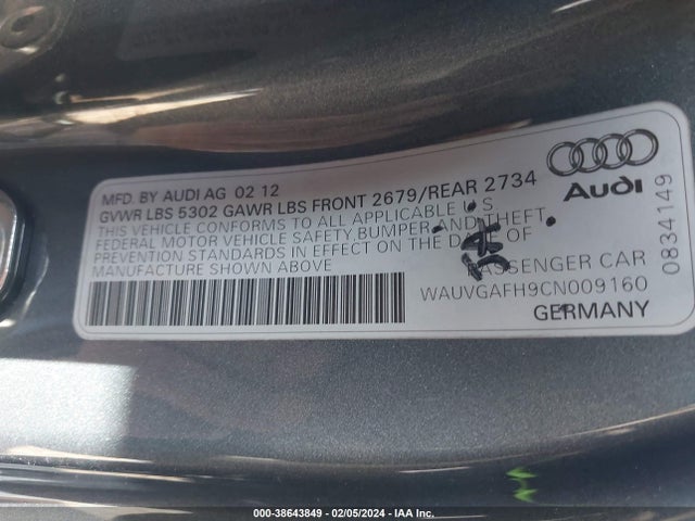 2012 Audi S5 3.0 Premium Plus მანქანა იყიდება აუქციონზე, vin: WAUVGAFH9CN009160, აუქციონის ნომერი: 38643849