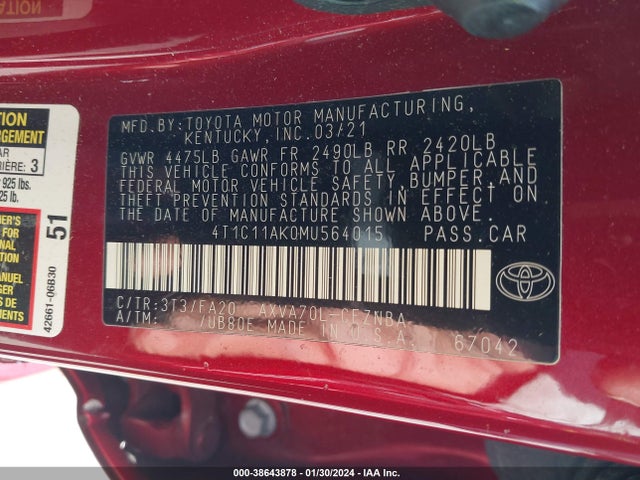 Toyota CAMRY LE 2021 4T1C11AK0MU564015 Image 9