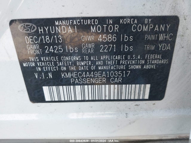 Hyundai Sonata Hybrid Limited 2014 KMHEC4A49EA103517 Image 9
