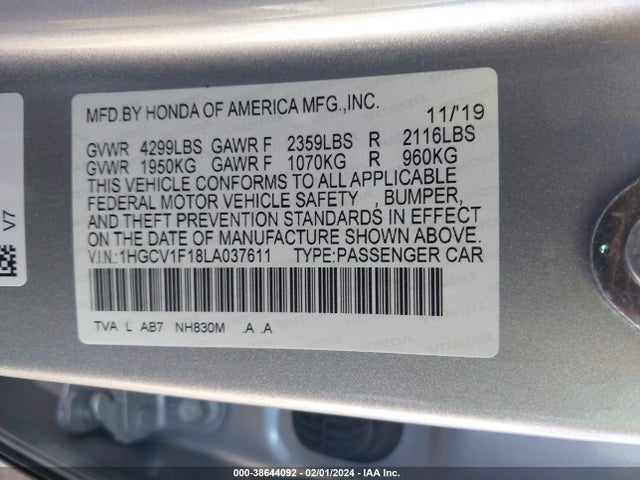 Honda ACCORD LX 2020 1HGCV1F18LA037611 Image 9