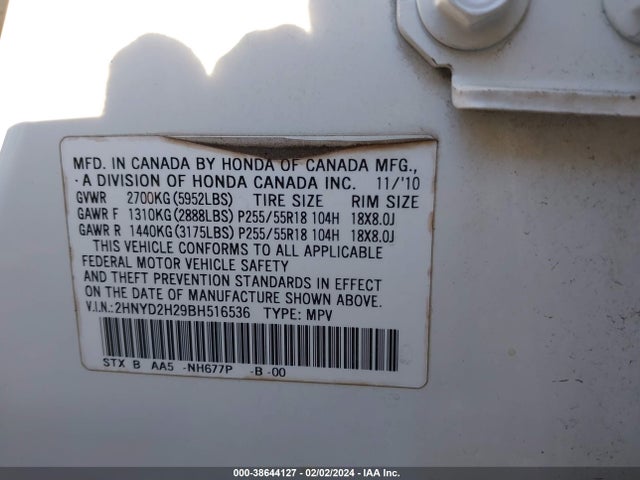 Продаж на аукціоні авто 2011 Acura Mdx, vin: 2HNYD2H29BH516536, номер лоту: 38644127