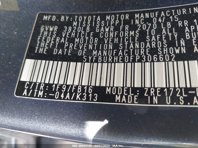 Toyota COROLLA LE 2015 5YFBURHE0FP306602 Image 9