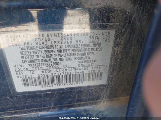 Nissan SENTRA S 2019 3N1AB7AP9KY226049 Image 9