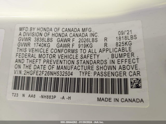 Honda Civic Lx 2022 2HGFE2F26NH532504 Image 9