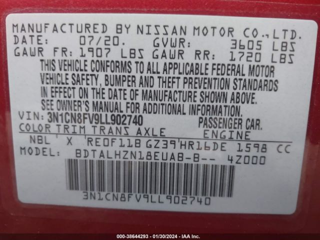 3N1CN8FV9LL902740 Nissan Versa Sr Xtronic Cvt