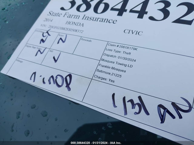 Aukcja sprzedaży 2014 Honda Civic Ex, vin: 2HGFG3B82EH508372, numer aukcji: 38644328