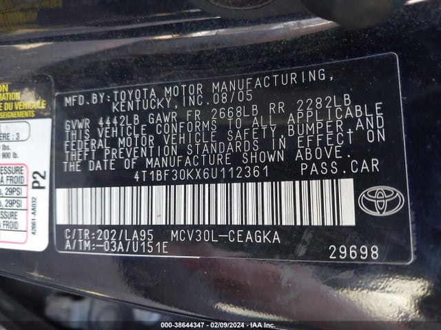 2006 TOYOTA CAMRY XLE V6 VIN: 4T1BF30KX6U112361
