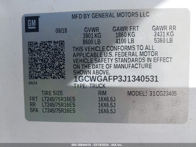 Chevrolet Express 2500 Work Van 2018 1GCWGAFP3J1340531 Image 9
