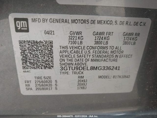 3GTU9DEL8MG336241 GMC Sierra 1500 Slt