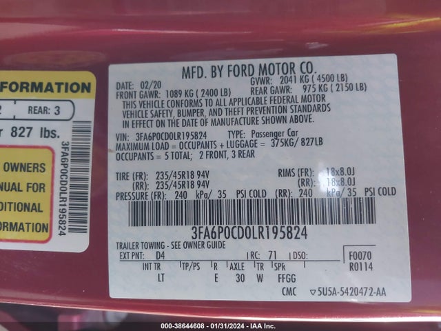 Ford FUSION SEL 2020 3FA6P0CD0LR195824 Image 9