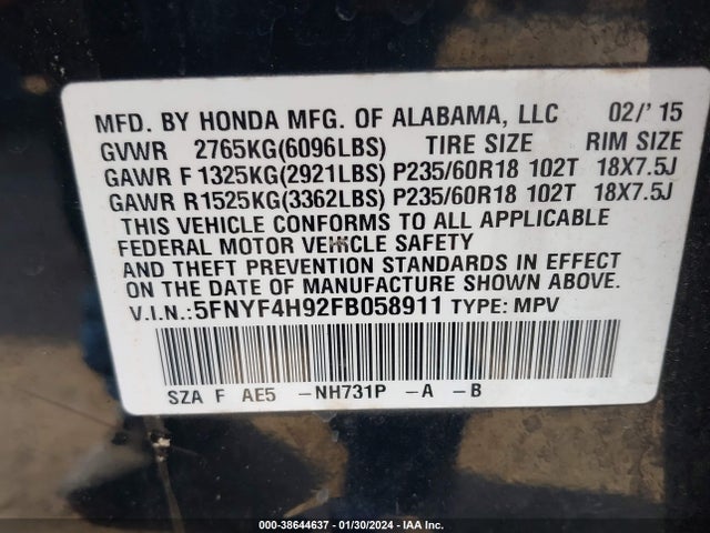 Honda Pilot Touring 2015 5FNYF4H92FB058911 Image 9