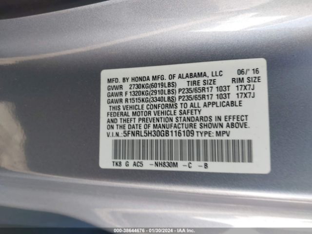 5FNRL5H30GB116109 Honda ODYSSEY SE