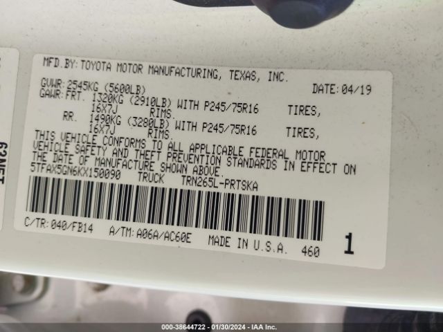 5TFAX5GN6KX150090 Toyota Tacoma Sr