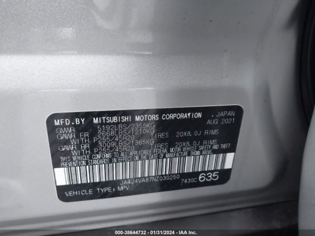 JA4J4VA87NZ030250 Mitsubishi Outlander Sel 2.5 S-awc/sel Launch Edition S-awc/sel Special Edition S-awc