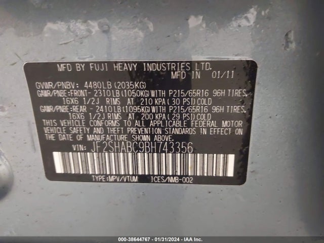 2011 SUBARU FORESTER 2.5X VIN: JF2SHABC9BH743356