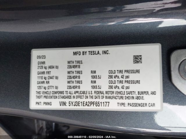 5YJ3E1EA2PF651177 Tesla Model 3 Rear-wheel Drive