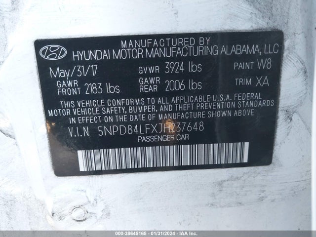 2018 HYUNDAI ELANTRA SEL VIN: 5NPD84LFXJH237648