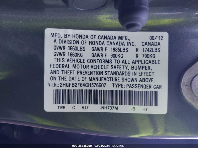 2012 HONDA CIVIC HF VIN: 2HGFB2F64CH576607