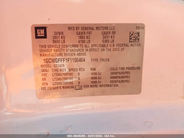 Chevrolet Express 2500 Work Van 2015 1GCWGFFF1F1106464 Image 9
