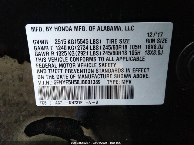 Honda Pilot Ex-l 2018 5FNYF5H50JB001389 Image 9