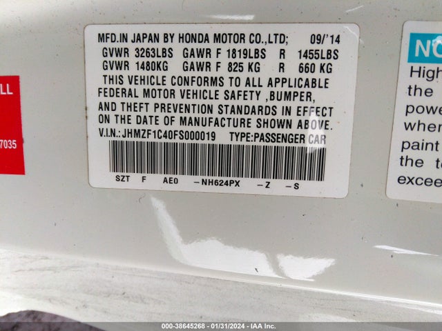 Honda CR-Z 2015 JHMZF1C40FS000019 Image 9