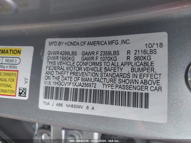 Honda ACCORD LX 2018 1HGCV1F1XJA256972 Image 9