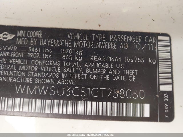 2012 MINI COOPER WMWSU3C51CT258050 Photo 8