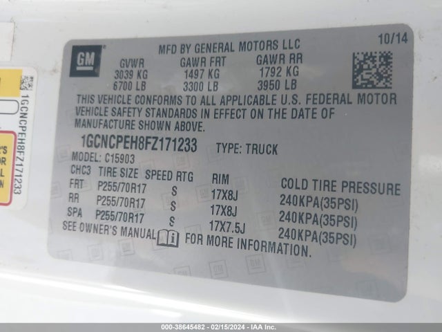 2015 CHEVROLET SILVERADO 1500 WT VIN: 1GCNCPEH8FZ171233