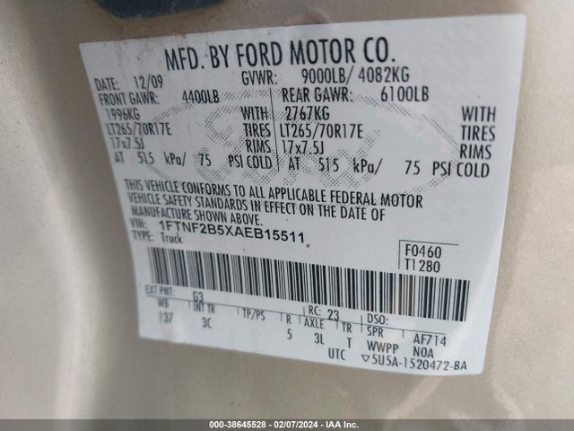 2010 FORD F-250 XL/XLT VIN: 1FTNF2B5XAEB15511