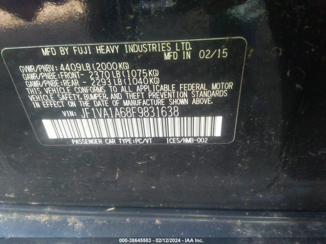 2015 Subaru Wrx მანქანა იყიდება აუქციონზე, vin: JF1VA1A68F9831638, აუქციონის ნომერი: 38645583